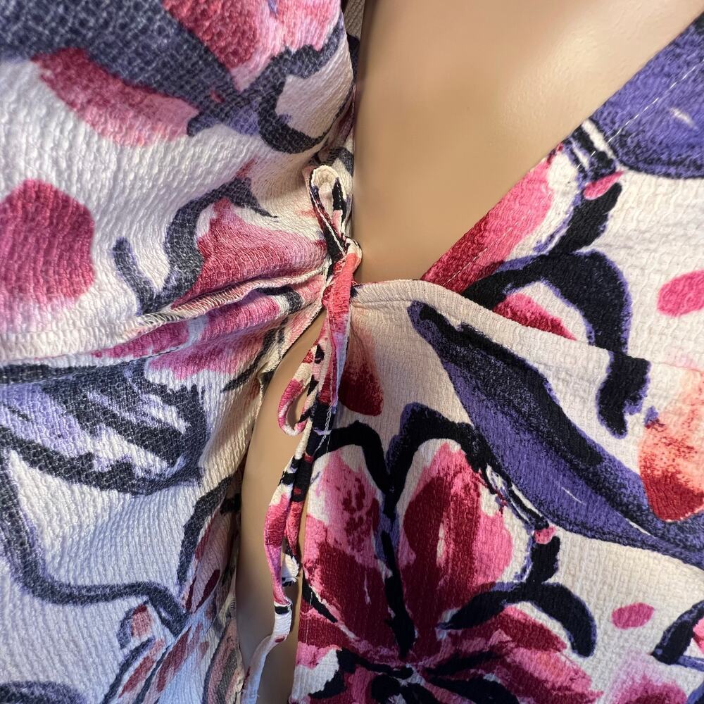 H&M ladies XS puff elastic sleeve red pink maroon wrap dress coverup floral mini - Picture 7 of 10